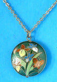 Green Cloisonne Enamel Necklace Iris Butterfly Pendant Double Sided Gold Chain