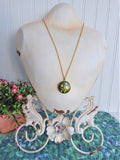 Green Cloisonne Enamel Necklace Iris Butterfly Pendant Double Sided Gold Chain