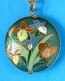 Green Cloisonne Enamel Necklace Iris Butterfly Pendant Double Sided Gold Chain