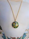 Green Cloisonne Enamel Necklace Iris Butterfly Pendant Double Sided Gold Chain
