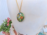 Green Cloisonne Enamel Necklace Iris Butterfly Pendant Double Sided Gold Chain
