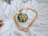 Green Cloisonne Enamel Necklace Iris Butterfly Pendant Double Sided Gold Chain