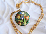Green Cloisonne Enamel Necklace Iris Butterfly Pendant Double Sided Gold Chain