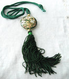 Storks Green Cloisonne Tassel Necklace Silk Cord 1970s Enamel Double Sided Asian