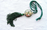 Storks Green Cloisonne Tassel Necklace Silk Cord 1970s Enamel Double Sided Asian