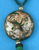 Storks Green Cloisonne Tassel Necklace Silk Cord 1970s Enamel Double Sided Asian