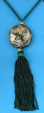 Storks Green Cloisonne Tassel Necklace Silk Cord 1970s Enamel Double Sided Asian