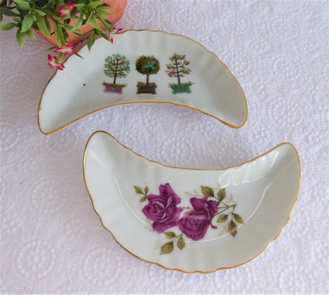 Pair Crescent Bone Dishes Roses Topiary 1970s Takahashi Porcelain Side Dish Bowls
