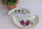 Pair Crescent Bone Dishes Roses Topiary 1970s Takahashi Porcelain Side Dish Bowls