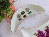 Pair Crescent Bone Dishes Roses Topiary 1970s Takahashi Porcelain Side Dish Bowls