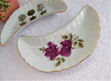 Pair Crescent Bone Dishes Roses Topiary 1970s Takahashi Porcelain Side Dish Bowls