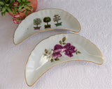 Pair Crescent Bone Dishes Roses Topiary 1970s Takahashi Porcelain Side Dish Bowls