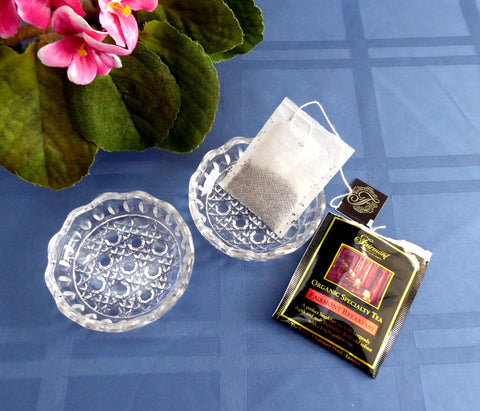 Pair of Lead Crystal Dish Teabag Holders Jam Dish Waffle Pattern 1970s Faceted Glass Coaster