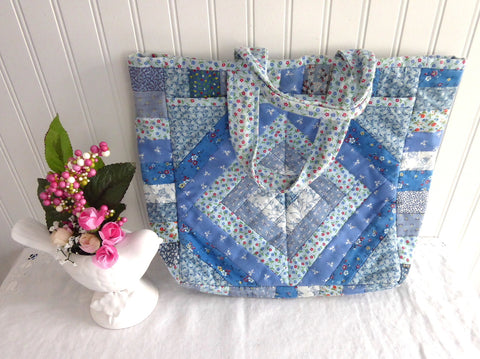 Patchwork Tote Bag 1970s Blue Ditsy Prints Handbag Yarn Bag Quilted Needlework