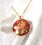 Necklace Red Cloisonne Enamel Bird Pendant And Chain Double Sided Asian 1970s