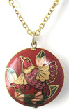 Necklace Red Cloisonne Enamel Bird Pendant And Chain Double Sided Asian 1970s