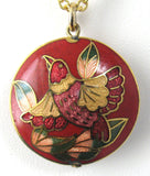 Necklace Red Cloisonne Enamel Bird Pendant And Chain Double Sided Asian 1970s