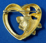 Ribbon Heart Pin Brooch Rhinestone Avon 1970s Large Gold Plated Sweetheart Heart