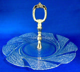 Handled Cake Plate With Handle Tidbit Server Clear Swirled Glass Petit Fours 1970s