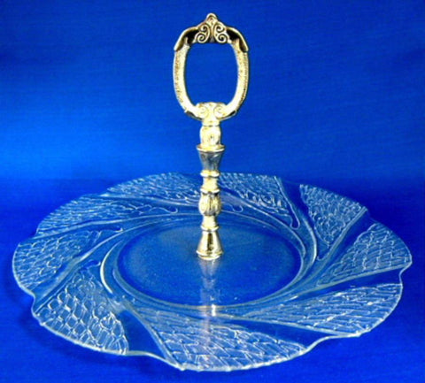 Handled Cake Plate With Handle Tidbit Server Clear Swirled Glass Petit Fours 1970s