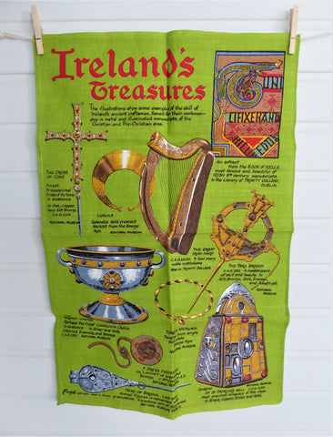 Ireland's Treasures Dish Towel Tea Towel Irish Linen Unused Tara Brooch Ardagh Chalice Green
