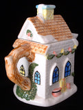 Christmas Teapot Ceramic Church Snow Covered Holiday Santa Holiday Fun 1970s