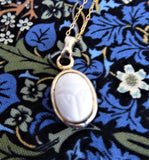 Necklace Milk Glass Carved Scarab Pendant Gold Filled Chain 1970s Egyptian White