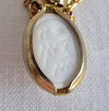 Necklace Milk Glass Carved Scarab Pendant Gold Filled Chain 1970s Egyptian White