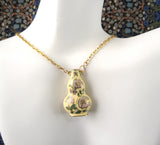 Yellow Cloisonne Enamel Vase Pendant Necklace Double Sided Lavender Flowers