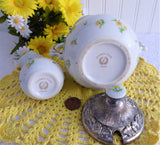 Cream and Sugar Yellow Daisy Porcelain Silverplate Lid 1970s Daisy Finial