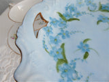 Blue Pedestal Cake Plate Hand Painted Artistan Violets Forget Me Nots 1971