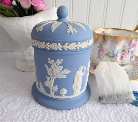 Wedgwood Blue Jasperware Cylinder Box Tea Caddy 1972 Blue On White Sacrifice Figures