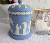 Wedgwood Blue Jasperware Cylinder Box Tea Caddy 1972 Blue On White Sacrifice Figures