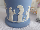 Wedgwood Blue Jasperware Cylinder Box Tea Caddy 1972 Blue On White Sacrifice Figures