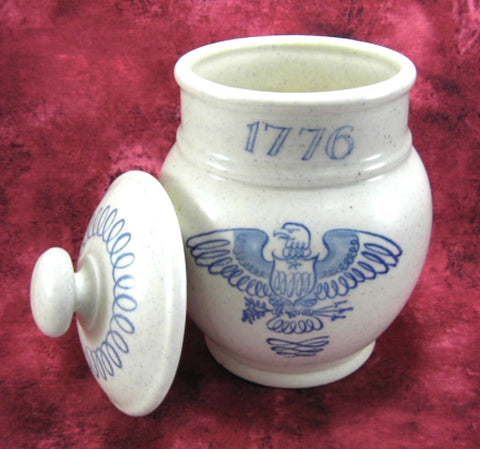 USA Bicentennial Tea Canister Caddy Stoneware Blue On White Eagle 1776-1976