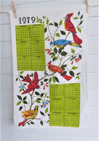 Linen Calendar Towel 1979 Dish Towel Birds Avocado Green Retro Kitchen
