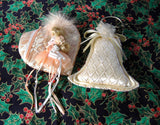 Christmas Ornaments 2 Peach Ivory Pearls Lace 1980s Victorian Style Quilted Bell Heart Face