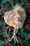 Christmas Ornaments 2 Peach Ivory Pearls Lace 1980s Victorian Style Quilted Bell Heart Face