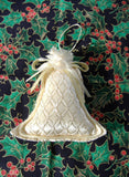 Christmas Ornaments 2 Peach Ivory Pearls Lace 1980s Victorian Style Quilted Bell Heart Face