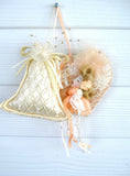 Christmas Ornaments 2 Peach Ivory Pearls Lace 1980s Victorian Style Quilted Bell Heart Face