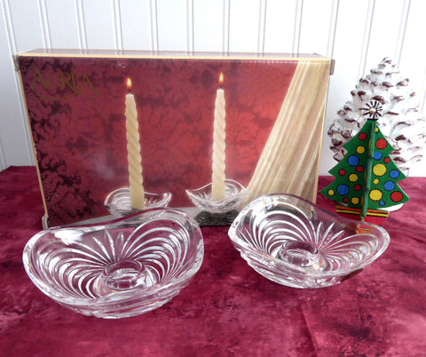 Pair Lead Crystal Candleholders Swirled RCR Italy Vintage 1980s Dinner Party Boxed