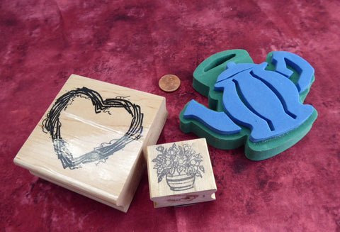 Country Shabby Rubber Stamps 2 Wood Mounted 1 Rubber Teapot Heart Wreath Rose Bush Invitations