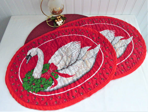 Holiday Placemats Christmas Goose Pair Hand Made 1980s Quilted Table Linens Holiday Dinner