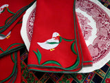 Christmas Goose Red Napkins Set of 4 Linen Dinner Napkins 1980s Holiday Tea Party