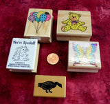 Set of 5 Rubber Stamps Teddy Bear Balloons Butterfly Special Goose Wood Mounted Invitations