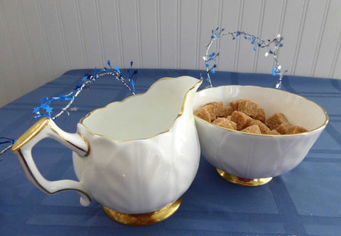 White And Gold Sugar And Cream Aynsley Golden Crocus Petal Molded 1980s England