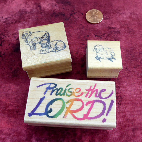 Christian Rubber Stamps Wood Mounted Set of 3 Lamb Sheep Praise The Lord Invitations