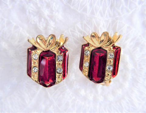 Christmas Package Earrings Rhinestones Enamel Christmas 1980s Red And Gold Clips