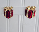 Christmas Package Earrings Rhinestones Enamel Christmas 1980s Red And Gold Clips