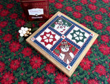 Christmas Quilt Tile Trivet Retro Country Snowman Mid Century 1980s Wood Frame